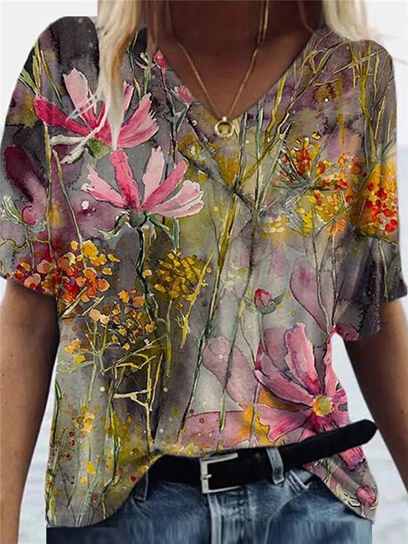 Flower Printed Short Sleeve V-neck Girl