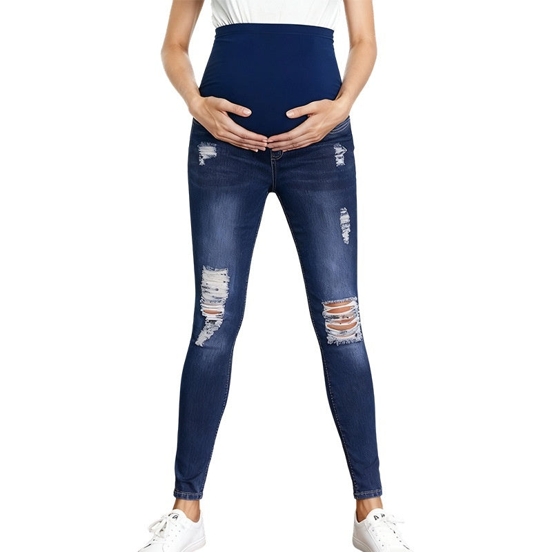 Højtaljede mavestøttende ripped graviditetsjeans