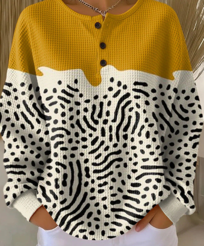 Retro 3D Digital Print Three-button Stand Collar Top