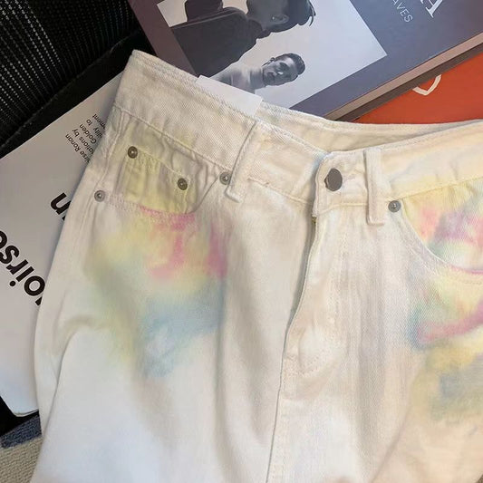 Retro Tie-dye Graffiti Straight High Waist Jeans For Women
