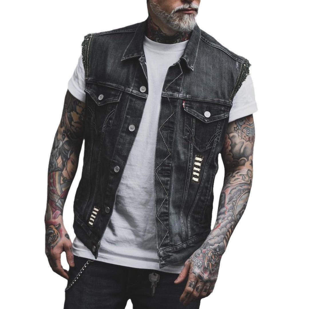 Street Denim Vest Multi-bag Distressed Sleeveless Jacket