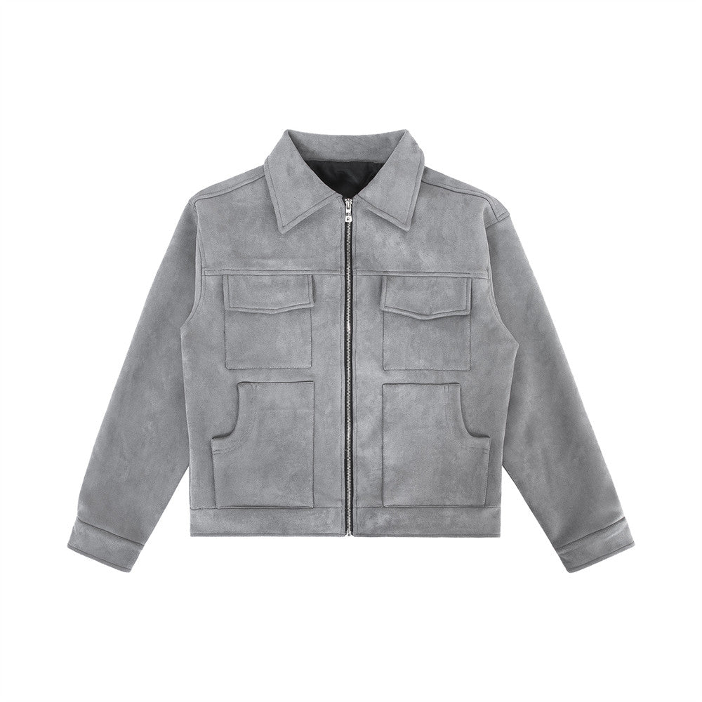 High Street Multi-pocket Workwear Autumn And Winter Loose Zipper Casual Men's Solid Color Polo Collar Jacket