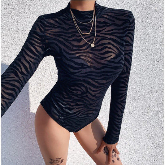 Sexy Black Slim Fit Long-Sleeved T-Shirt With Mesh Thin Base