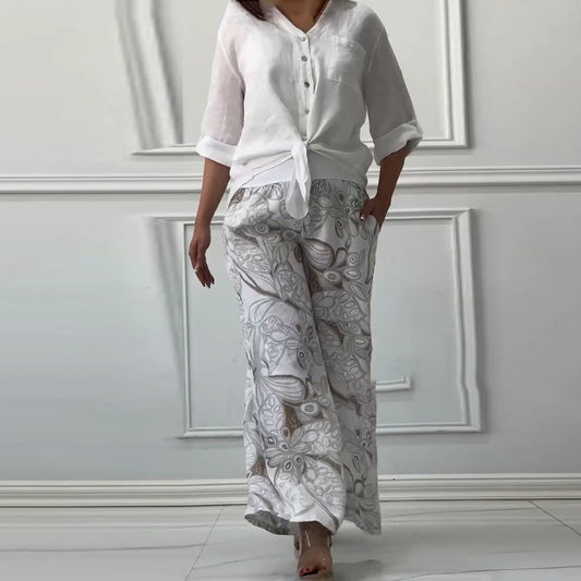 Summer New Cardigan Shirt High Waist Loose Trousers Two-piece Suit