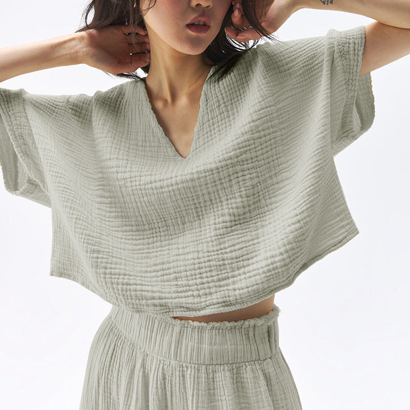 Female Simplicity Short Pure Cotton Gauze Casual Top