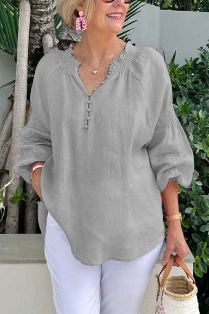 Womens Casual V-Neck Solid Color Cotton-Linen Long-Sleeve Top