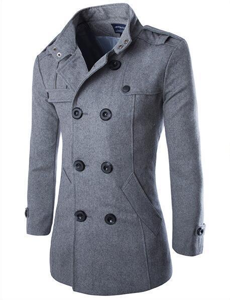 Trenchcoat i uld til mænd med stående krave og lange ærmer