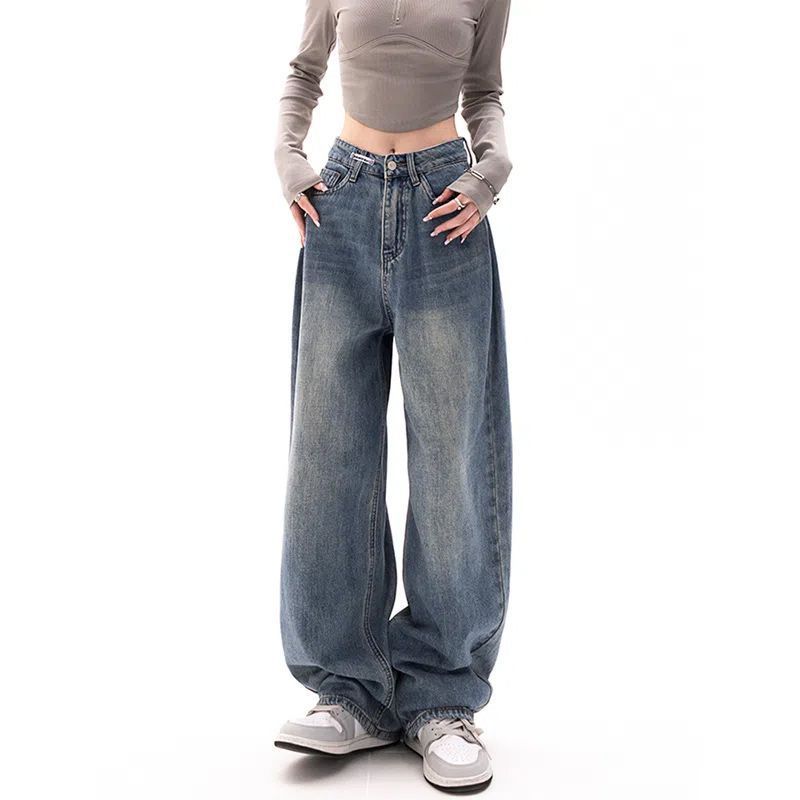 American High Street Retro Hong Kong Style Jeans Women's High Waist Loose All-matching Straight Wide Leg Pants Slim Pants