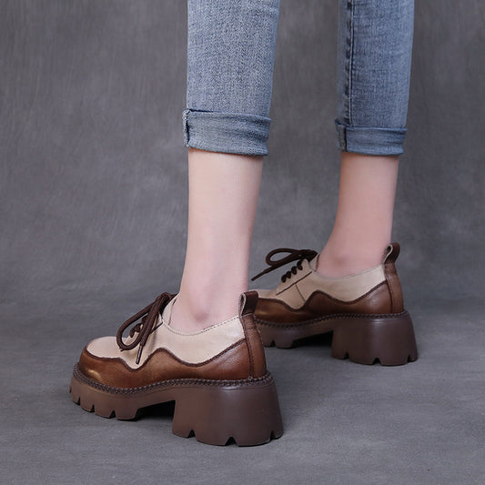 Handmade Vintage Chunky Heel Lace-Up Colorblock Leather Shoes