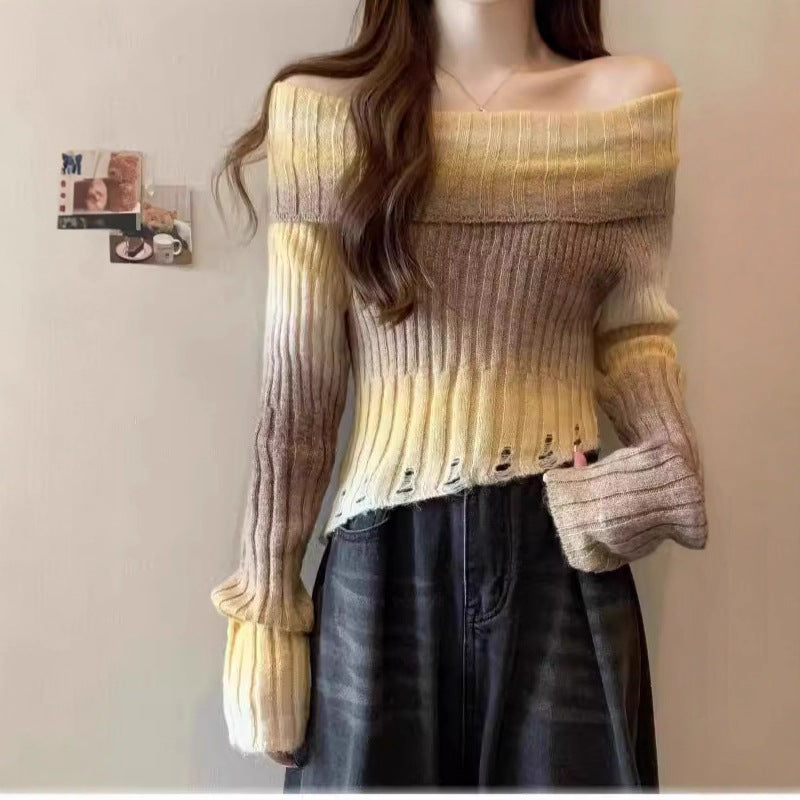 Off-shoulder Gradient Irregular Slim-fit Sweater For Women