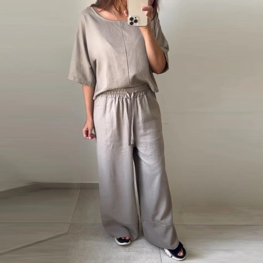 Casual Women's Round Neck Shirt With Half Sleeve Top Wide Leg Pants Suit
