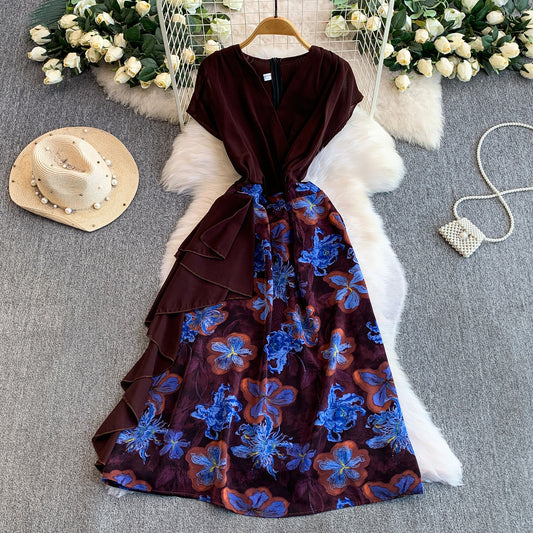 Womens Floral Print V Neck Dress With Ruffled Hem