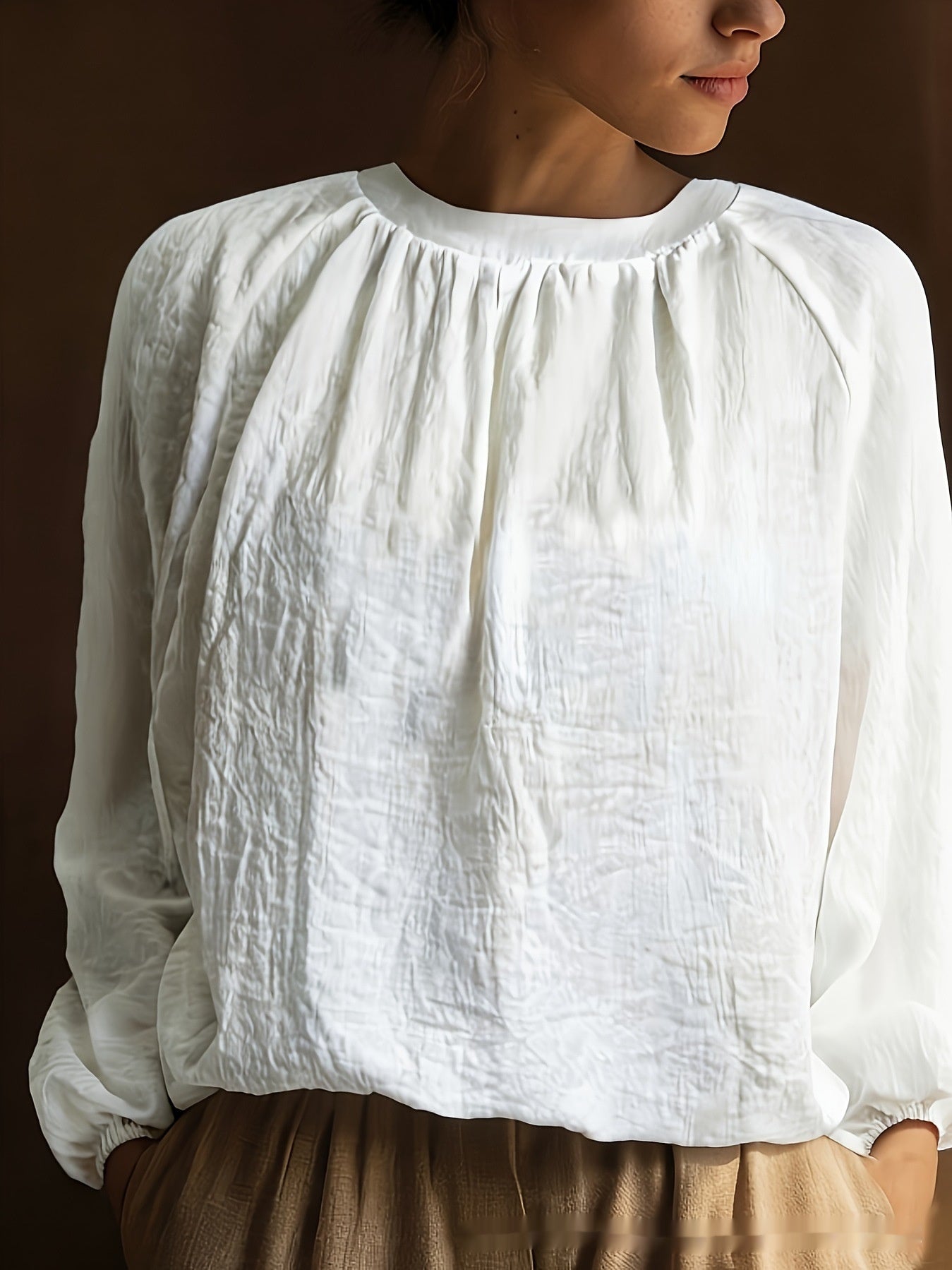 Womens Solid-Color Elegant And Minimalist Linen Long-Sleeve Top