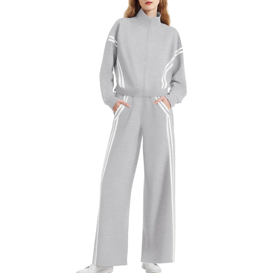 Double Striped Long-sleeve Zipper Pants Pocket Sports Suit