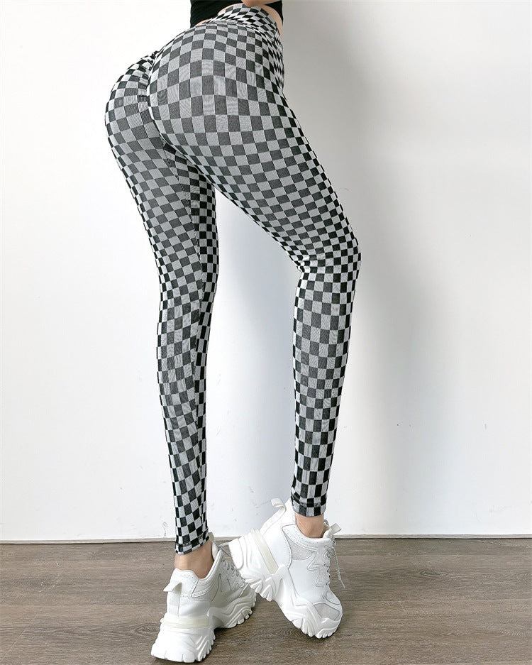 European And American Black And White Plaid Peach Hip Lift Yoga Pants Women