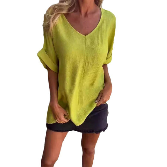Women's Solid Color Versatile V-neck Loose Fitting Shirt