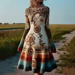 Retro Cable-Knit Long-Sleeve Womens Dress With A Crew Neck And Patchwork Design