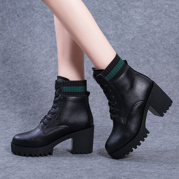 Women's Round Toe Lace Up Chunky High Heel Solid Color All-match Ankle Boots