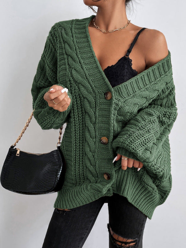 V-hals Sweater Dame Retro Fashion Løs Twist Strikket Jakke