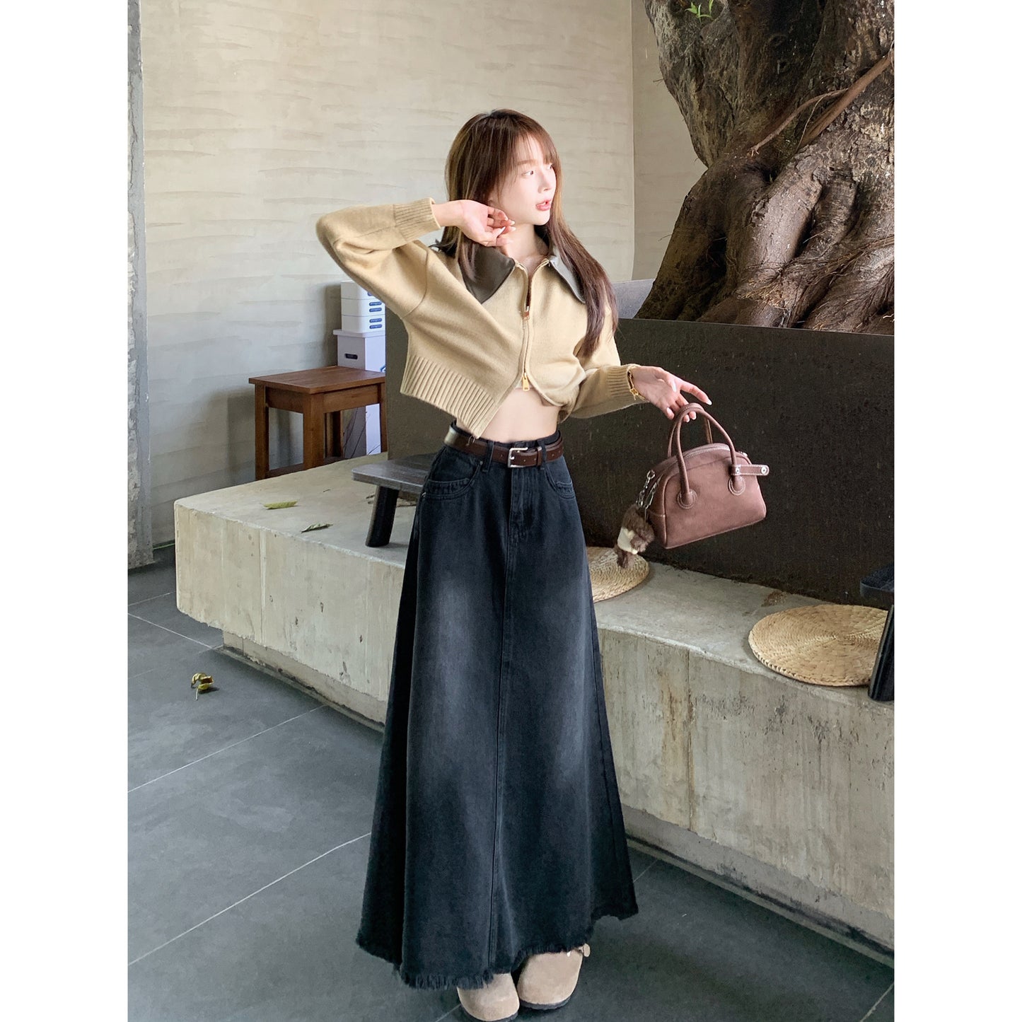 Spring And Autumn Korean Style High Waist Denim Midi Skirt Women's Retro Washed Frayed Edges
