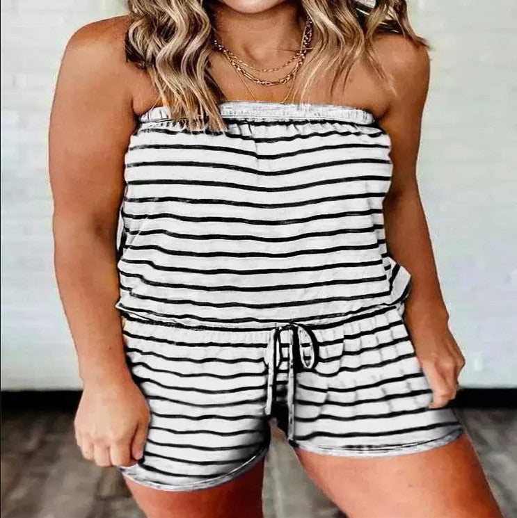 Womens Striped Printed Strapless Jumpsuit