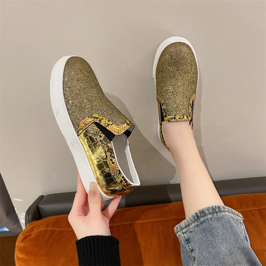 Flat Bottom Snake Pattern Pumps Female Sequins Round Toe Board Shoes