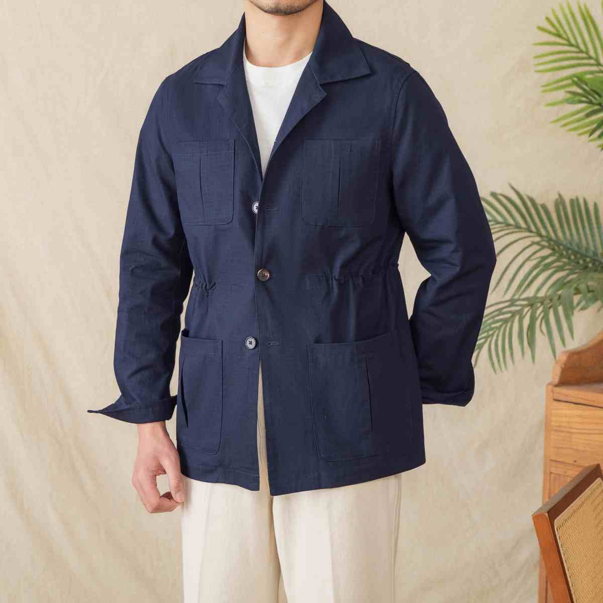 Casual Light Thin Cotton Drawstring Jacket Cuban Collar Plaid Coat