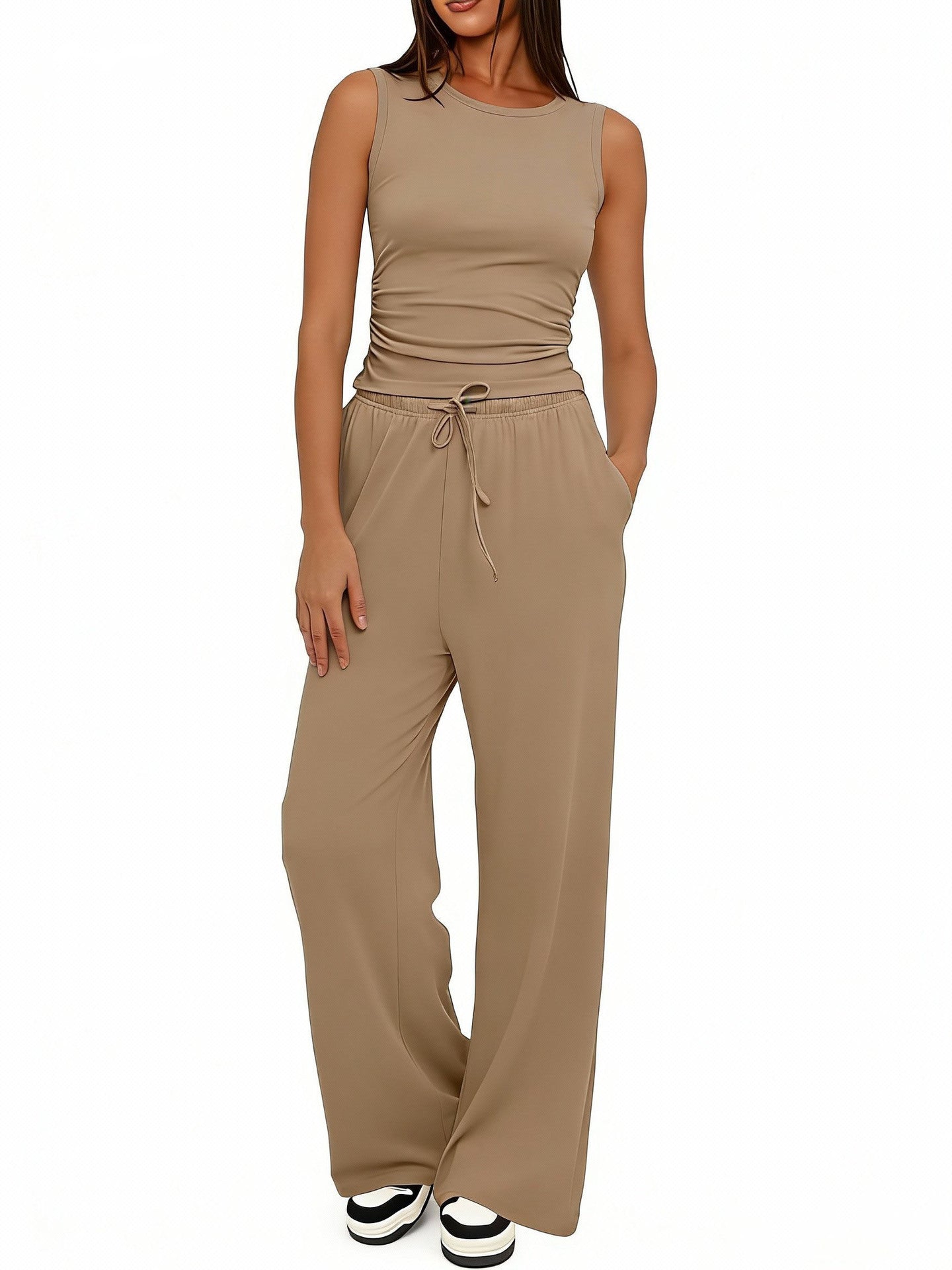 Sleeveless Crewneck Pleated Vest And High-waisted Wide-leg Pants Set