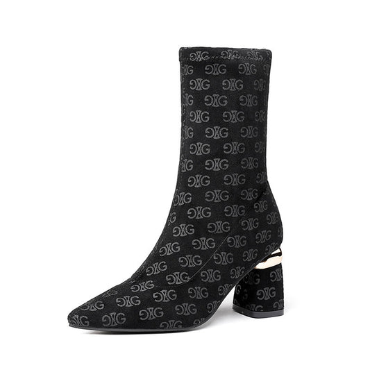 Women's Stretch Knitted Chunky Heel Mid Tube High Heel Elastic Slip-on Martin Boots