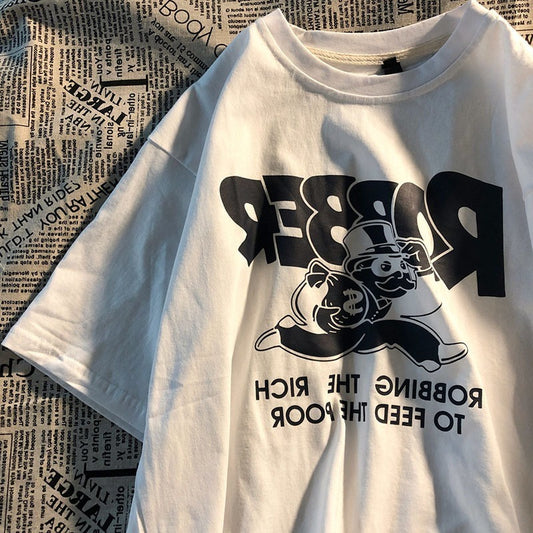 Korean Style Loose Cartoon Print Half Sleeve Couple Top