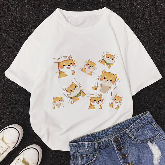 Cute Cat Shiba Inu Printed Women's T-shirt Casual Style