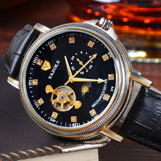 YAZOLE semi automatic hollow Tourbillon mechanical watch fashion business Mens Waterproof luminous mechanical watch