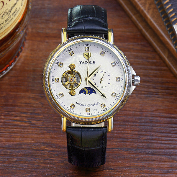 YAZOLE semi automatic hollow Tourbillon mechanical watch fashion business Mens Waterproof luminous mechanical watch