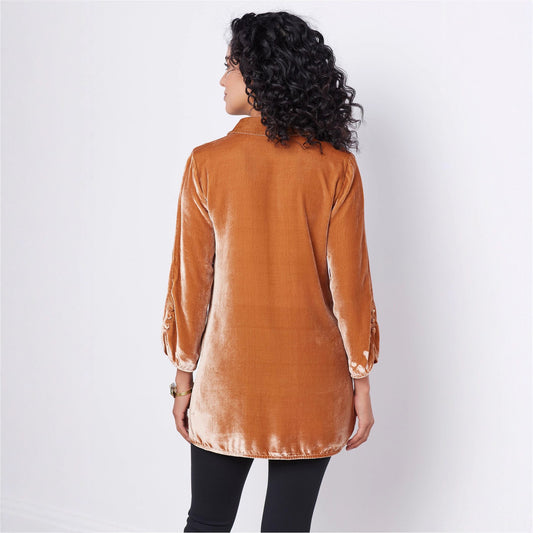 Gold Velvet Bell Sleeve Shirt With Lapel Slit Button Front Casual And Loose