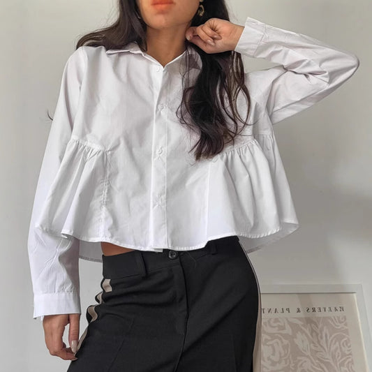 French-style Relaxed-fit White Lapel Shirt For Women