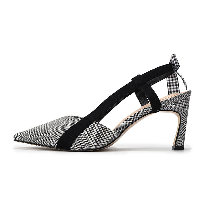 Small Pointed Toe Plaid Fashion High-heeled Sandals Bow Knot Women's Sandals All-match Almond Shoes Women