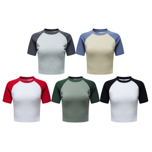 Summer Beauty Retro Hot Girl Short T-shirt Contrast Color Raglan Sleeve Round Neck
