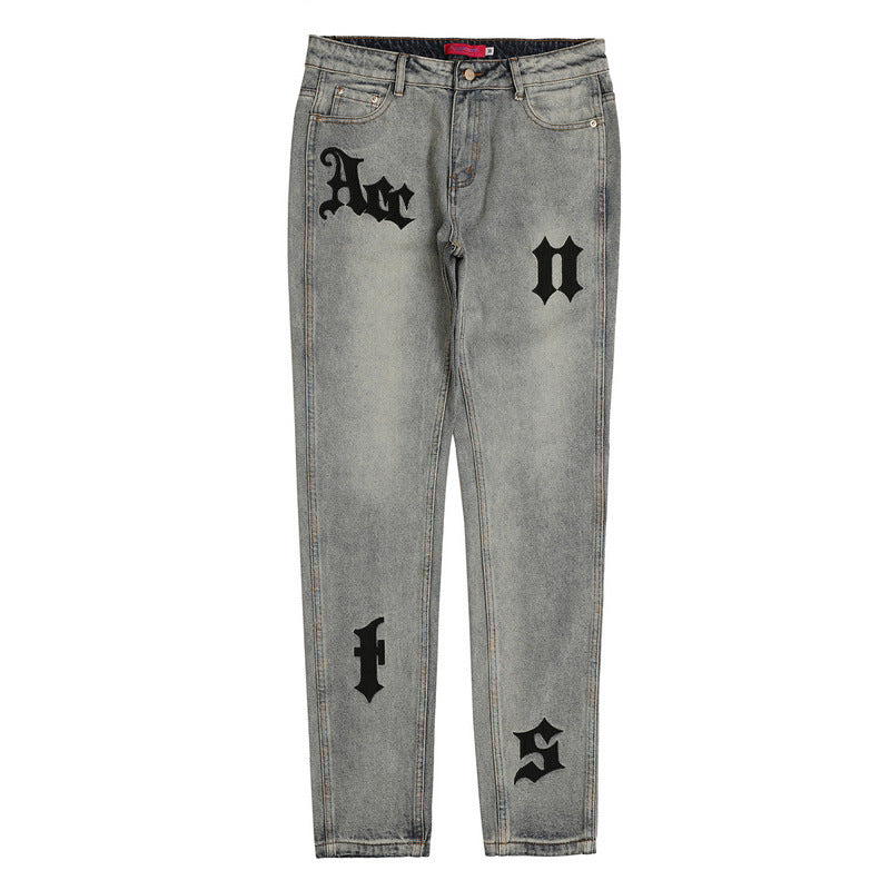 Vintage Jeans Men's Letter Patch Leather Embroidery