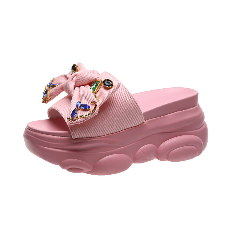 Women's Rhinestone Bow Slip-On High Heel Slippers