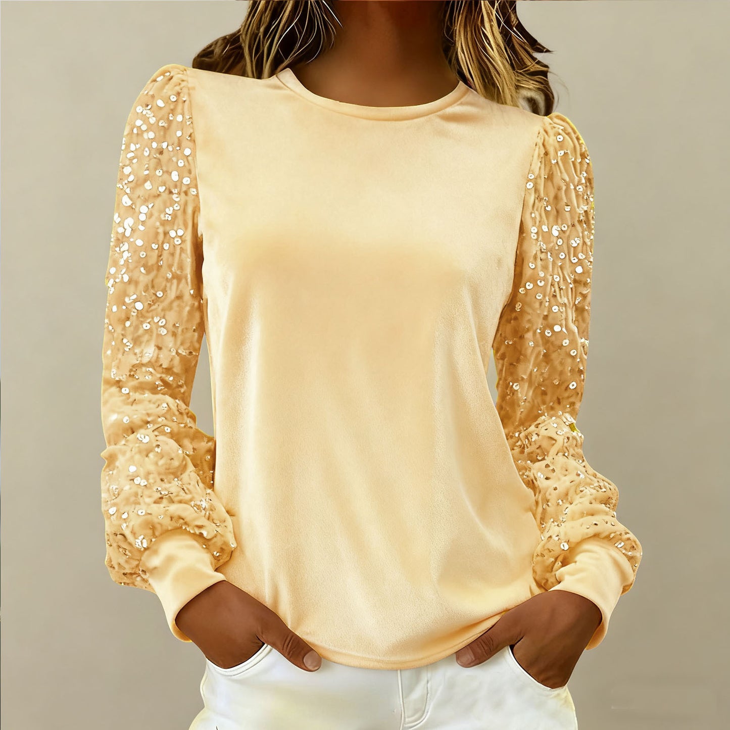 Velvet Crew-Neck Sequin-Patchwork Long-Sleeve T-Shirt Top