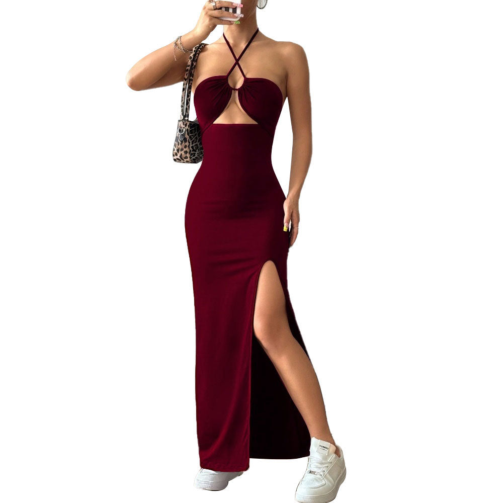 Womens Solid-Color Casual Halterneck Slim-Fit Dress