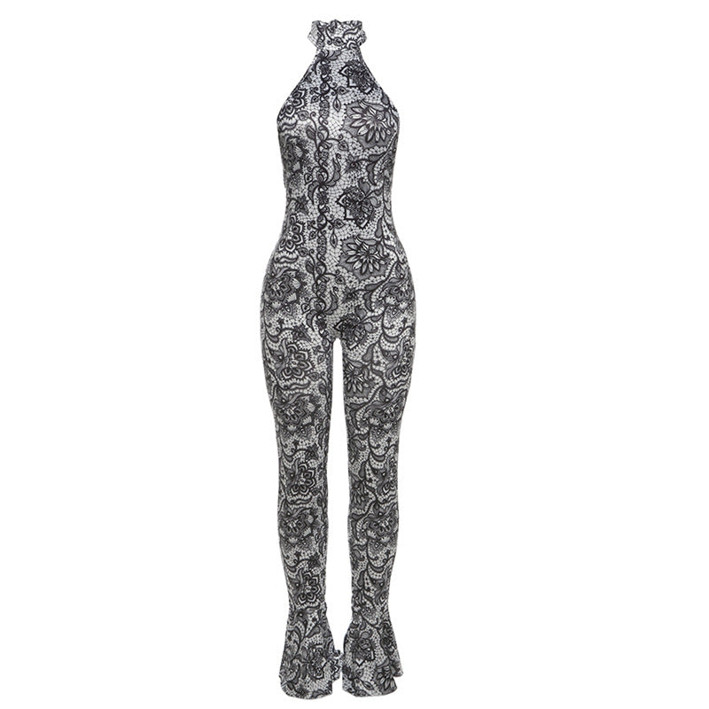 Women's Fashion Sexy Backless Halter Printed Slim-fit Sheath Jumpsuit