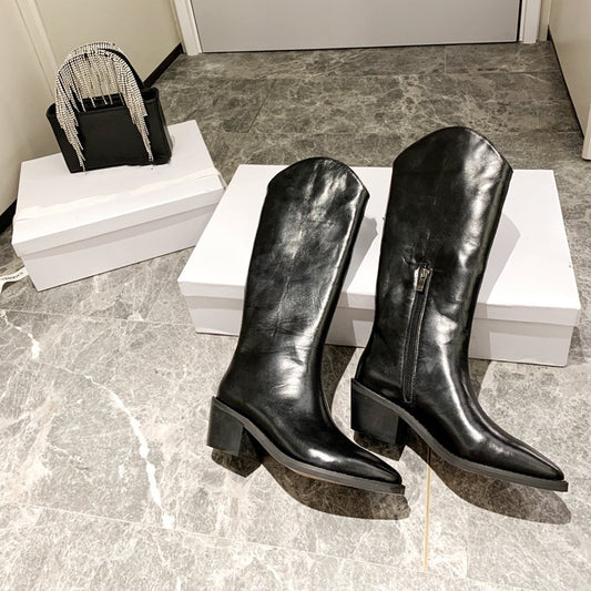 V-mouth Leather Thick Heel Western Cowboy Boots Pointed Toe Long Barrel