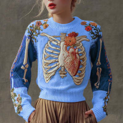 Womens Printed Crew-Neck Sweater Top