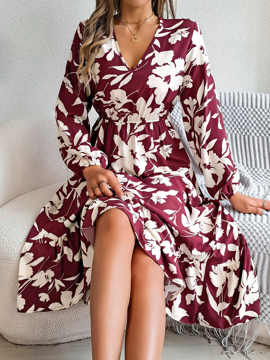 Women's Casual Floral Print Tie Waist Long Sleeve Ruffle Dress