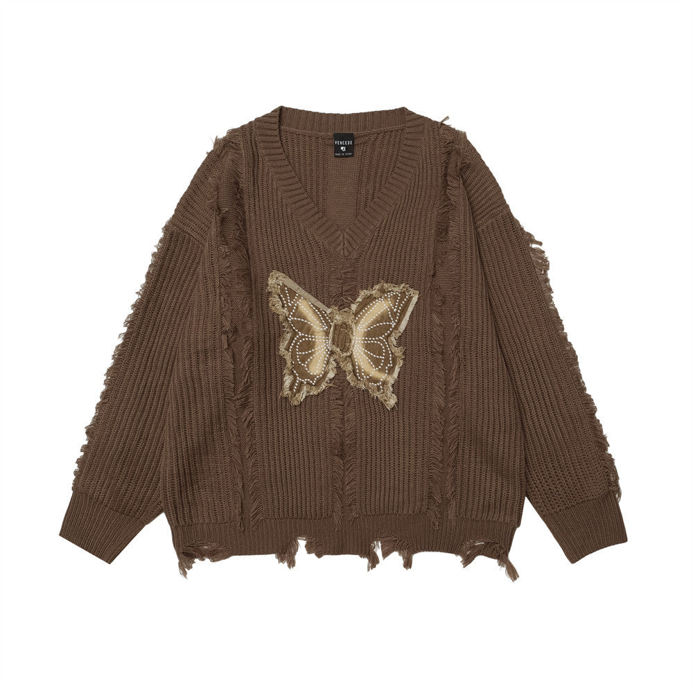 Butterfly Destroyed Frayed Knitted Worn Design V-neck Sweater