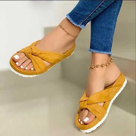Light Foam Platform Suede Bow Casual Slippers
