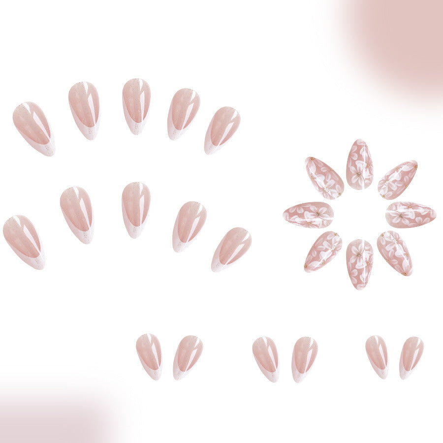 Short Glossy Almond Nail French Style Temperament Glittering Powder Flower Removable