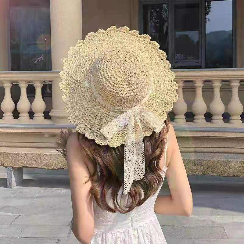 Women's Lace Straw Hat With Bow Hollow Sunscreen
