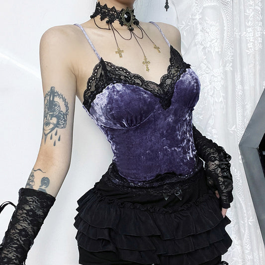 Women's Dark Style Velvet Lace Autumn Hot Girl Patchwork Top Vest